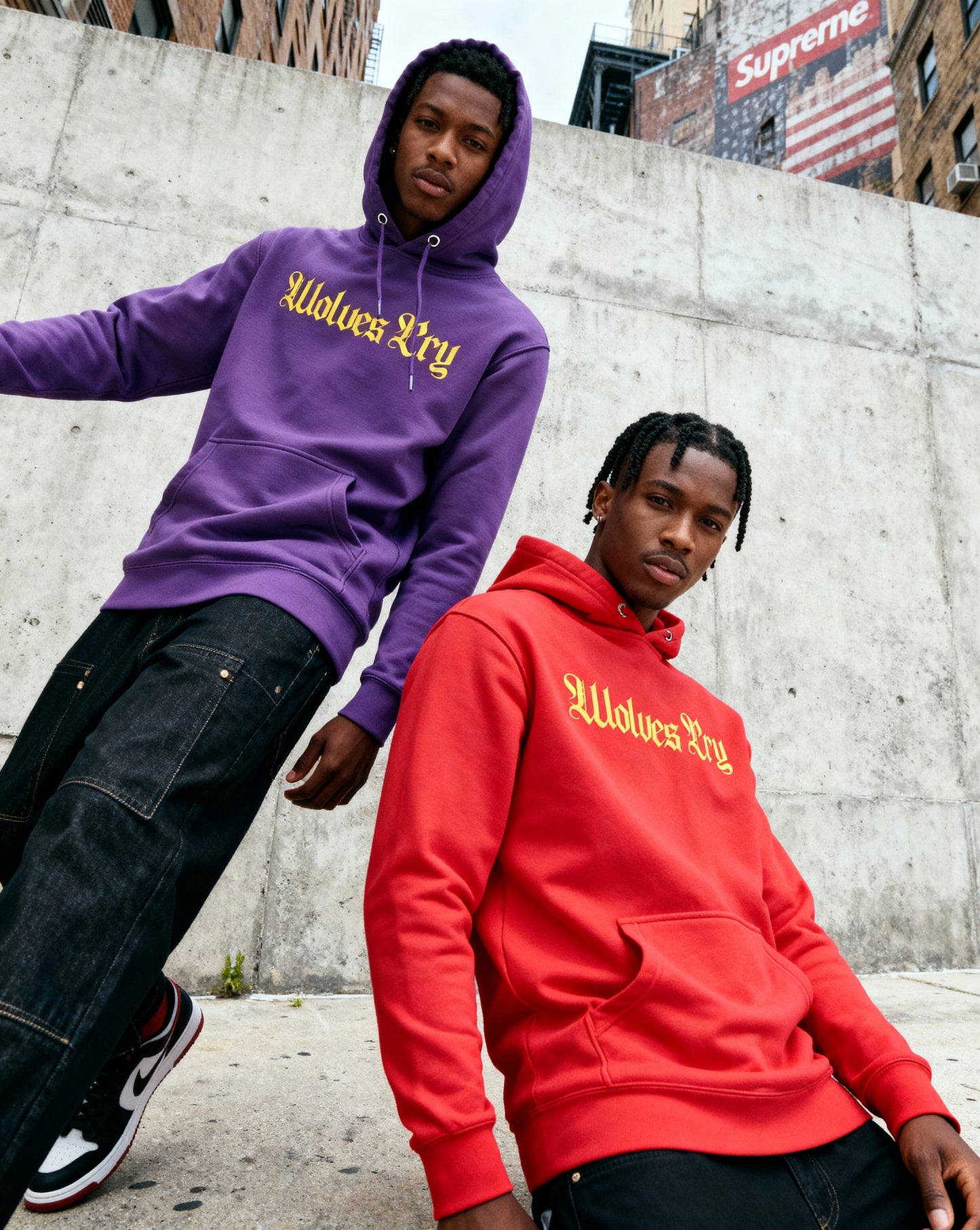 Models wearing Wolves Cry Everyday Spellout Hoodies in red and purple — fearless color pairing blending heritage athletics and elevated street culture.
