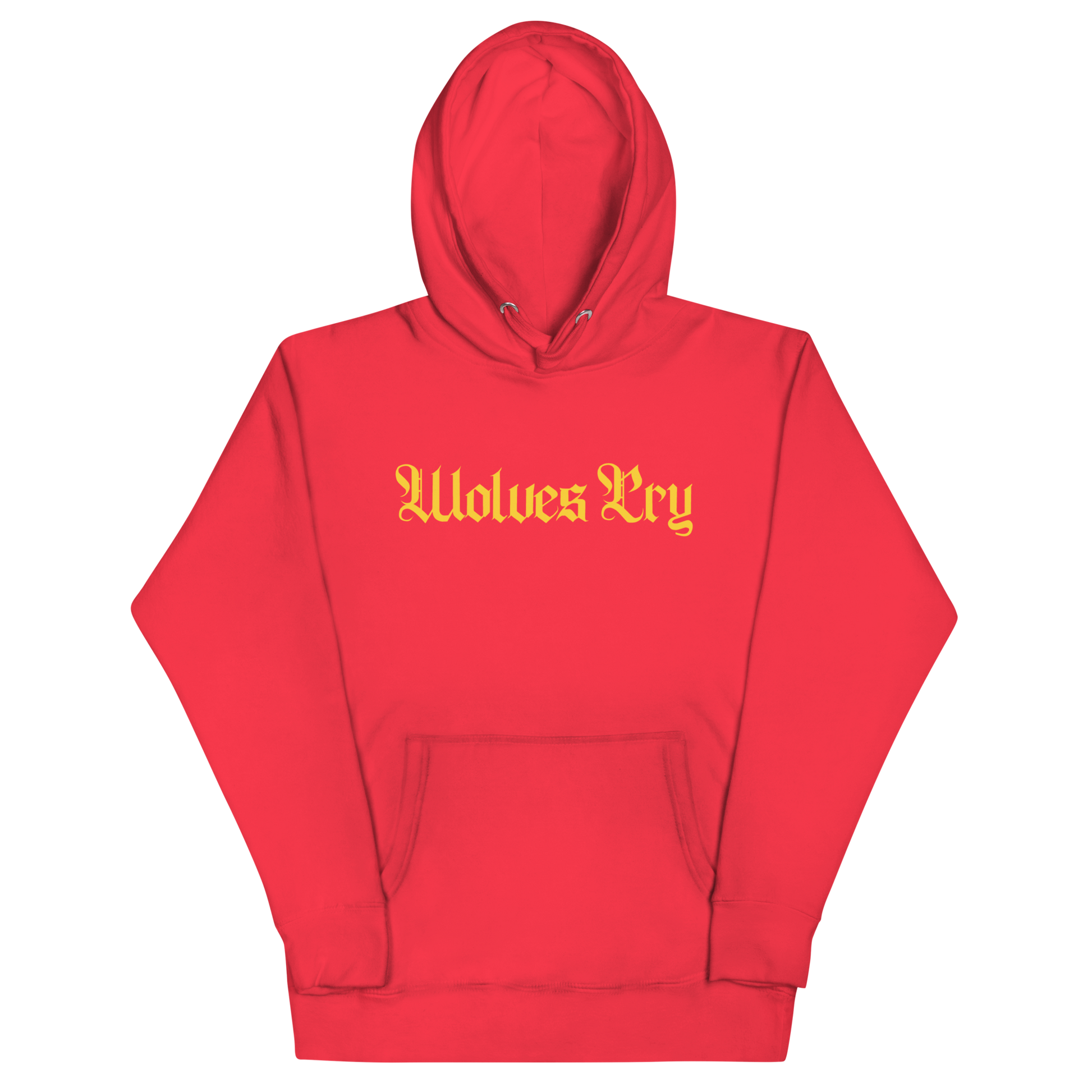 Front mock-up of Wolves Cry Everyday Spellout Hoodie in red with yellow gothic embroidery — bold contrast and timeless streetwear appeal.