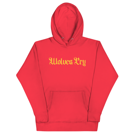 Front mock-up of Wolves Cry Everyday Spellout Hoodie in red with yellow gothic embroidery — bold contrast and timeless streetwear appeal.