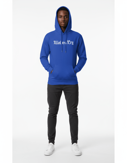 Model wearing Wolves Cry Everyday Spellout Hoodie in royal blue with white logo — classic colorway inspired by heritage sports culture and city energy.