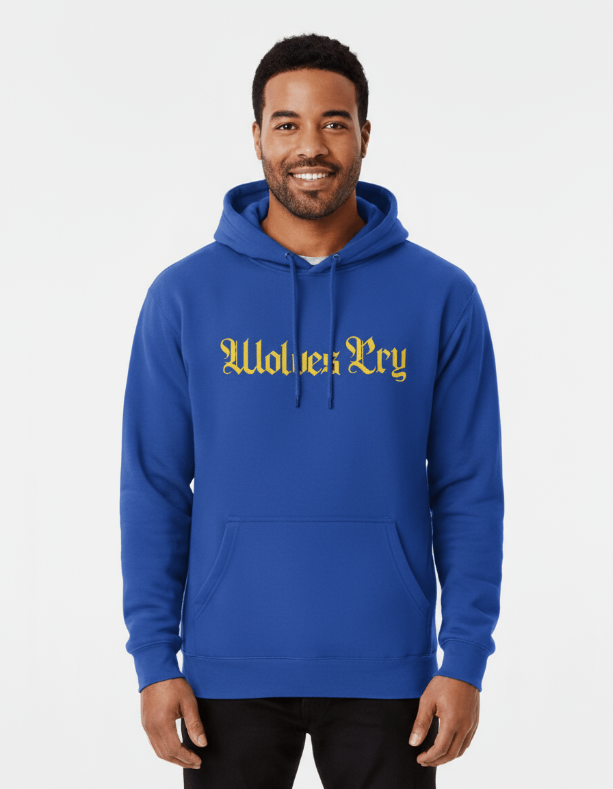 Model wearing Wolves Cry Everyday Spellout Hoodie in royal blue and yellow — streetwear meets heritage with a nod to classic team culture.