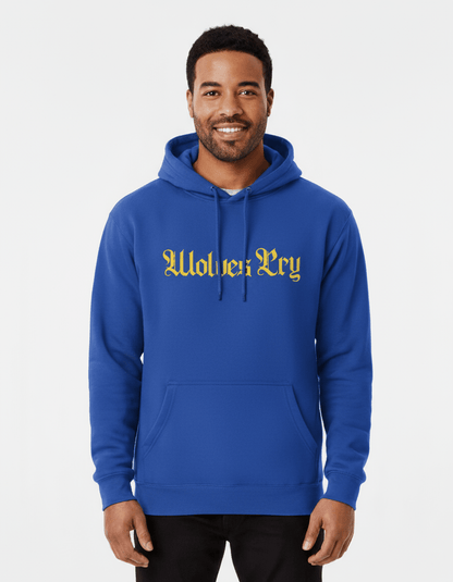 Model wearing Wolves Cry Everyday Spellout Hoodie in royal blue and yellow — streetwear meets heritage with a nod to classic team culture.