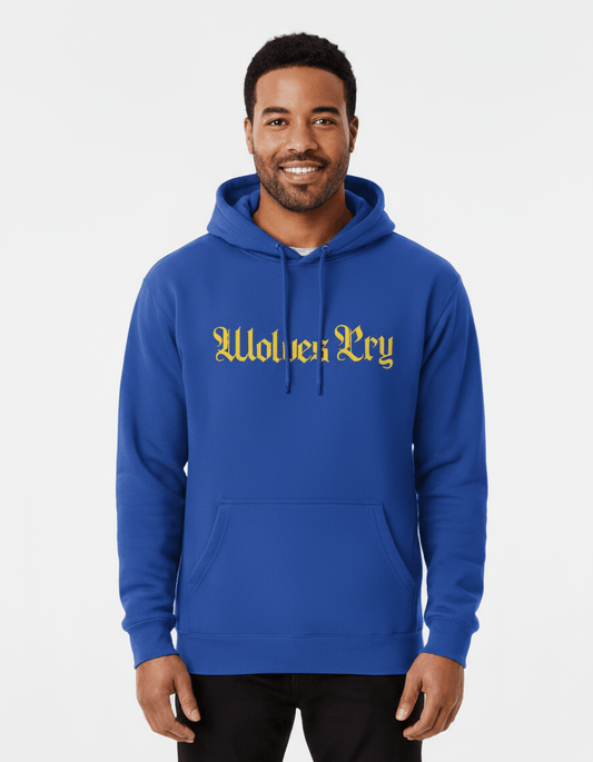 Model wearing Wolves Cry Everyday Spellout Hoodie in royal blue and yellow — streetwear meets heritage with a nod to classic team culture.