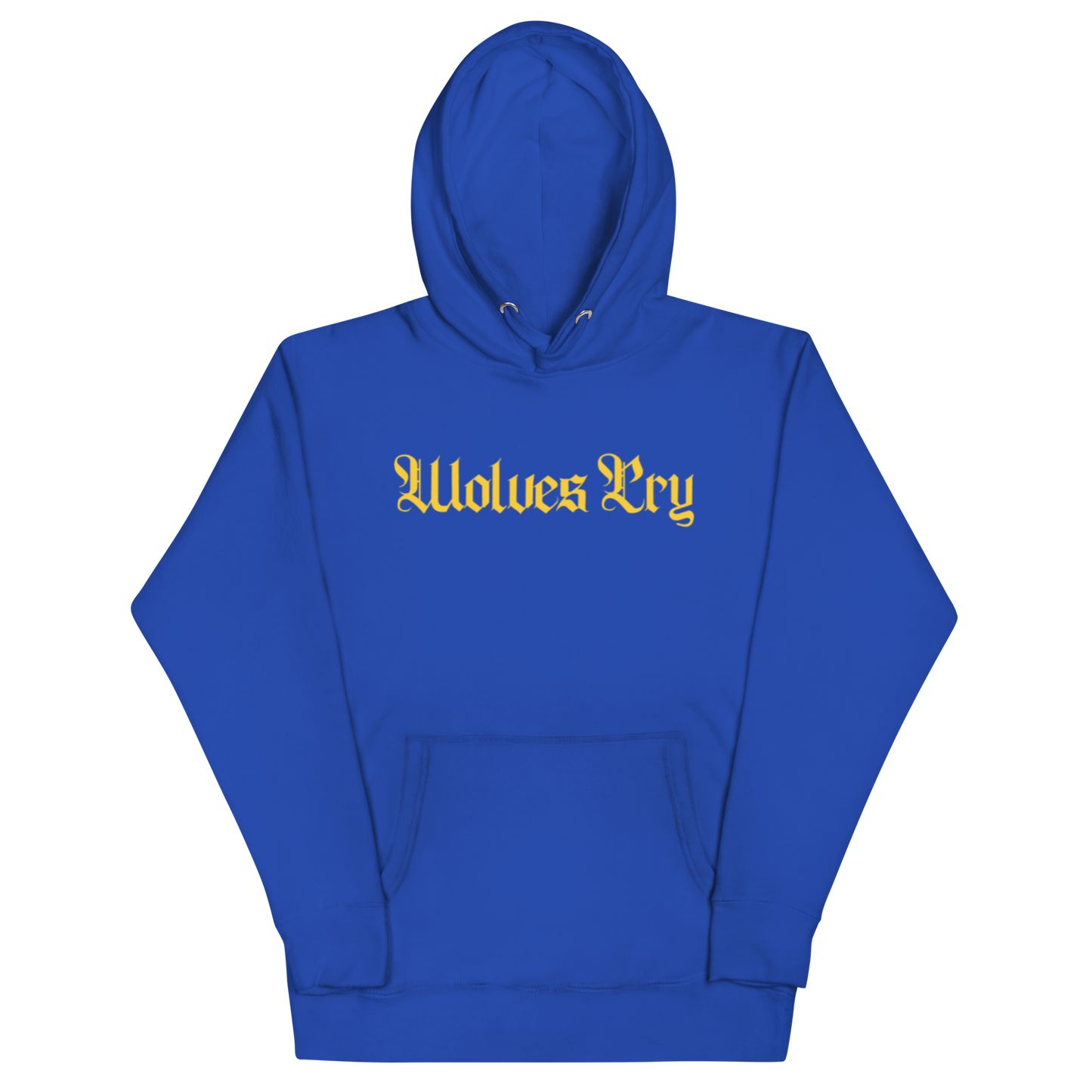 Front mock-up of Wolves Cry Everyday Spellout Hoodie in royal blue with yellow embroidery — bold athletic colorway inspired by vintage sports energy.