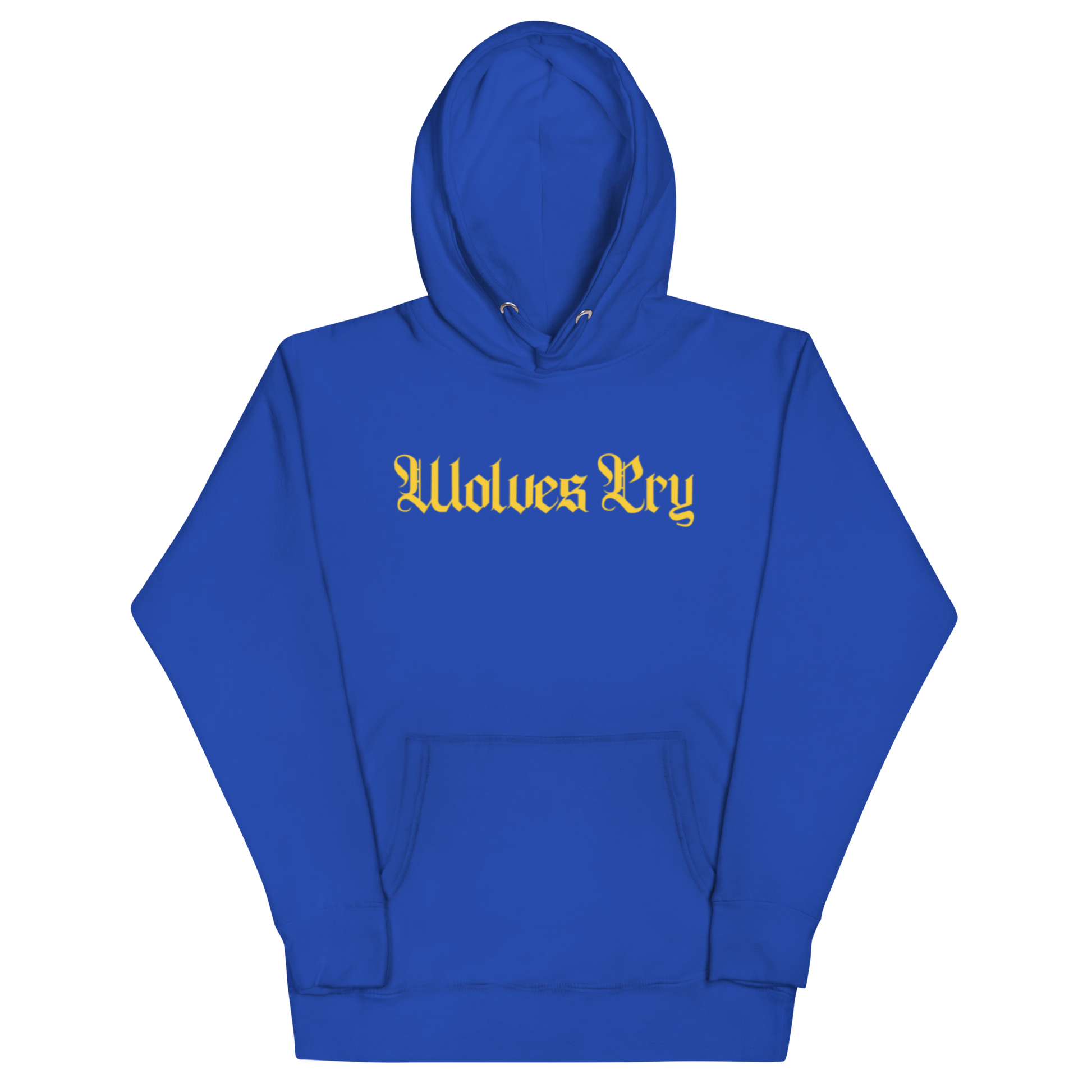 Front mock-up of Wolves Cry Everyday Spellout Hoodie in royal blue with yellow embroidery — bold athletic colorway inspired by vintage sports energy.