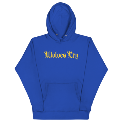 Front mock-up of Wolves Cry Everyday Spellout Hoodie in royal blue with yellow embroidery — bold athletic colorway inspired by vintage sports energy.