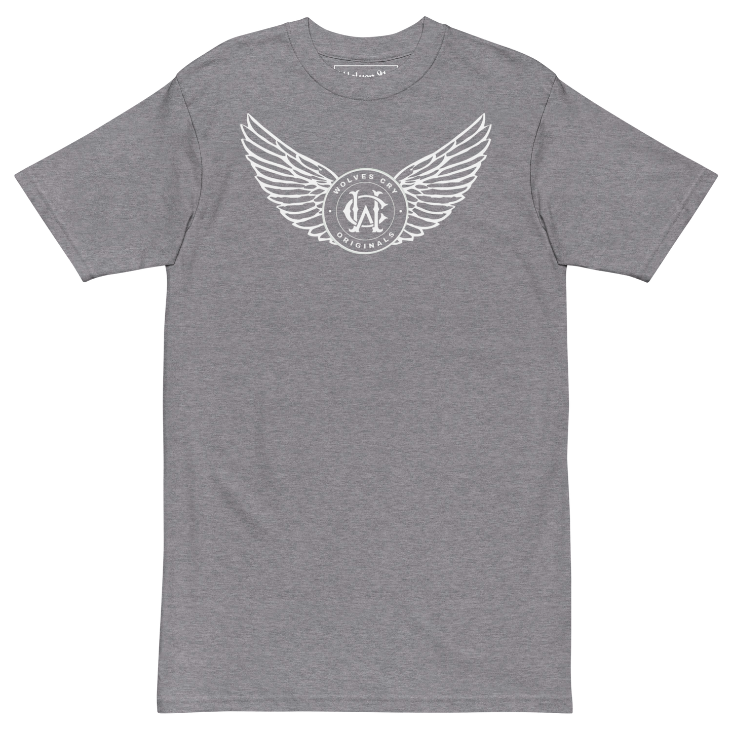 Gray t-shirt with a white logo on a white background