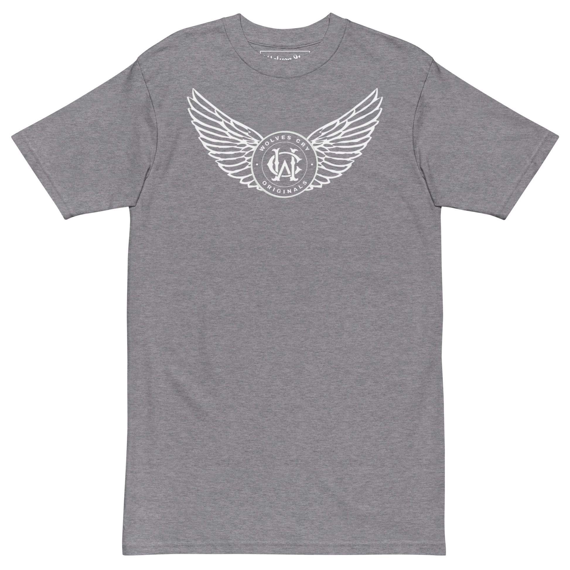 Gray t-shirt with a white logo on a white background