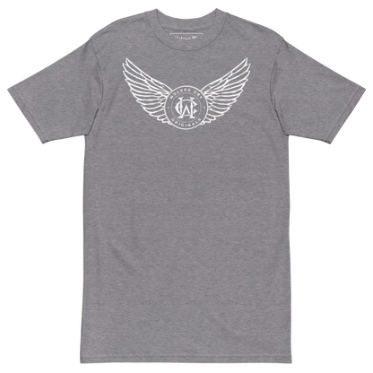 Gray t-shirt with a white logo on a white background