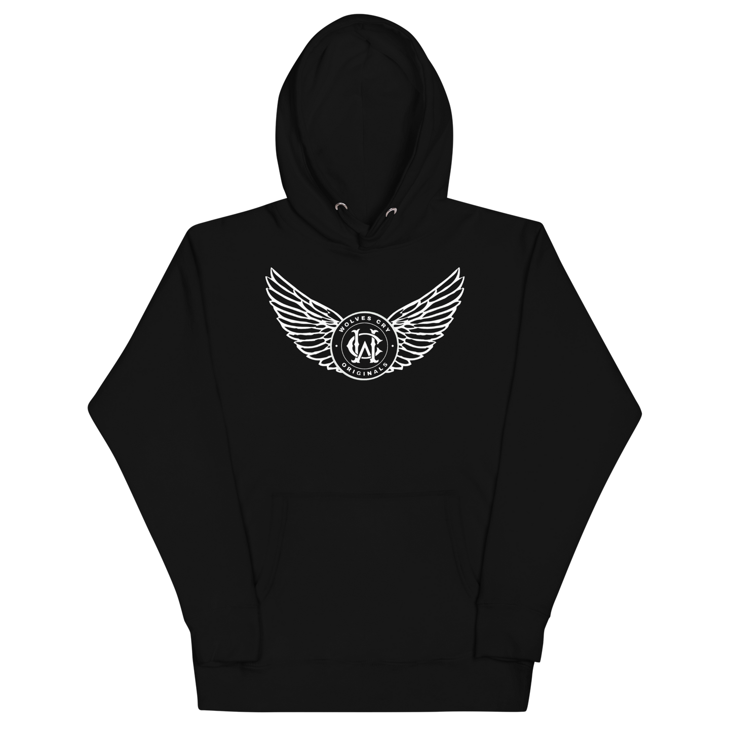 Black hoodie with a white logo on a white background