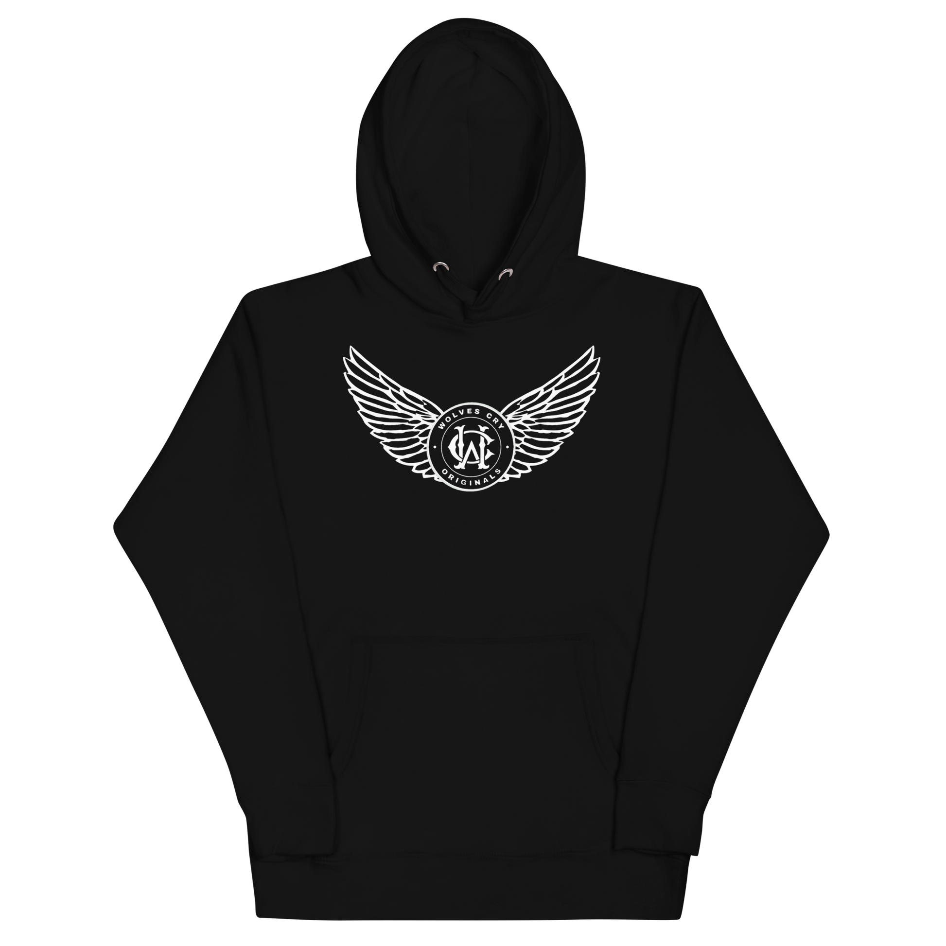 Black hoodie with a white logo on a white background