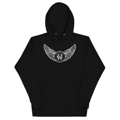Black hoodie with a white logo on a white background