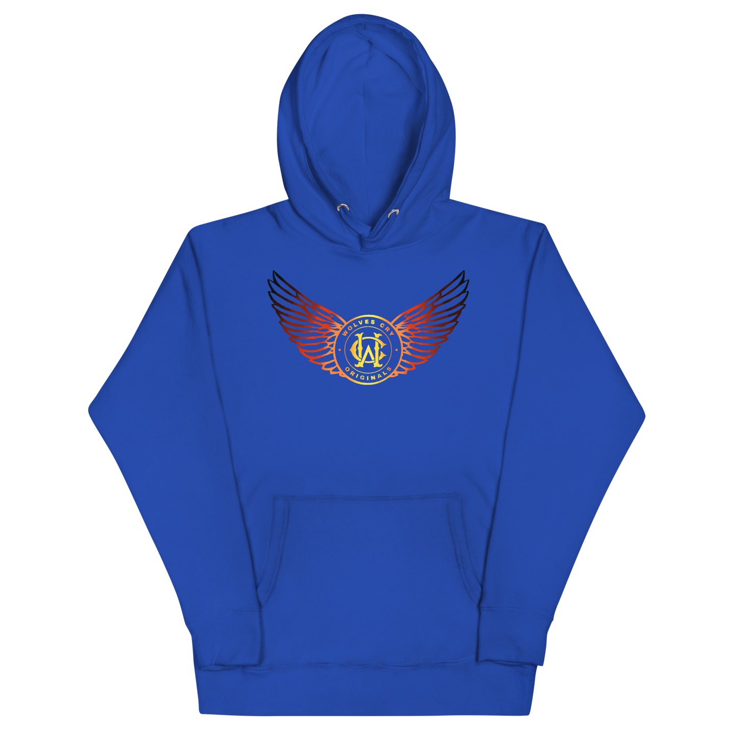 Blue hoodie with a logo on a white background