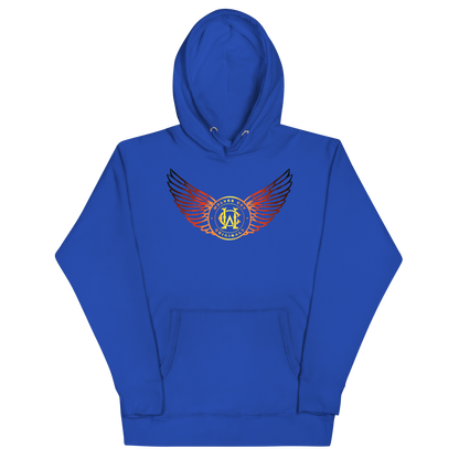 Blue hoodie with a logo on a white background