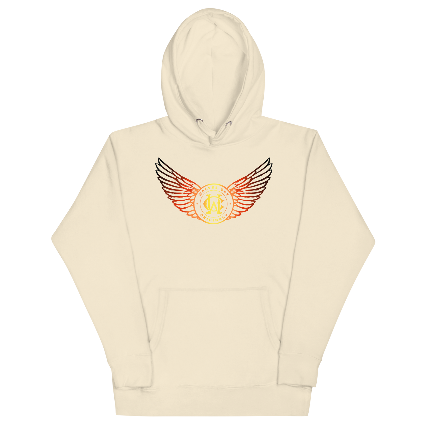 Wolves cry Beige hoodie with a winged logo on a white background