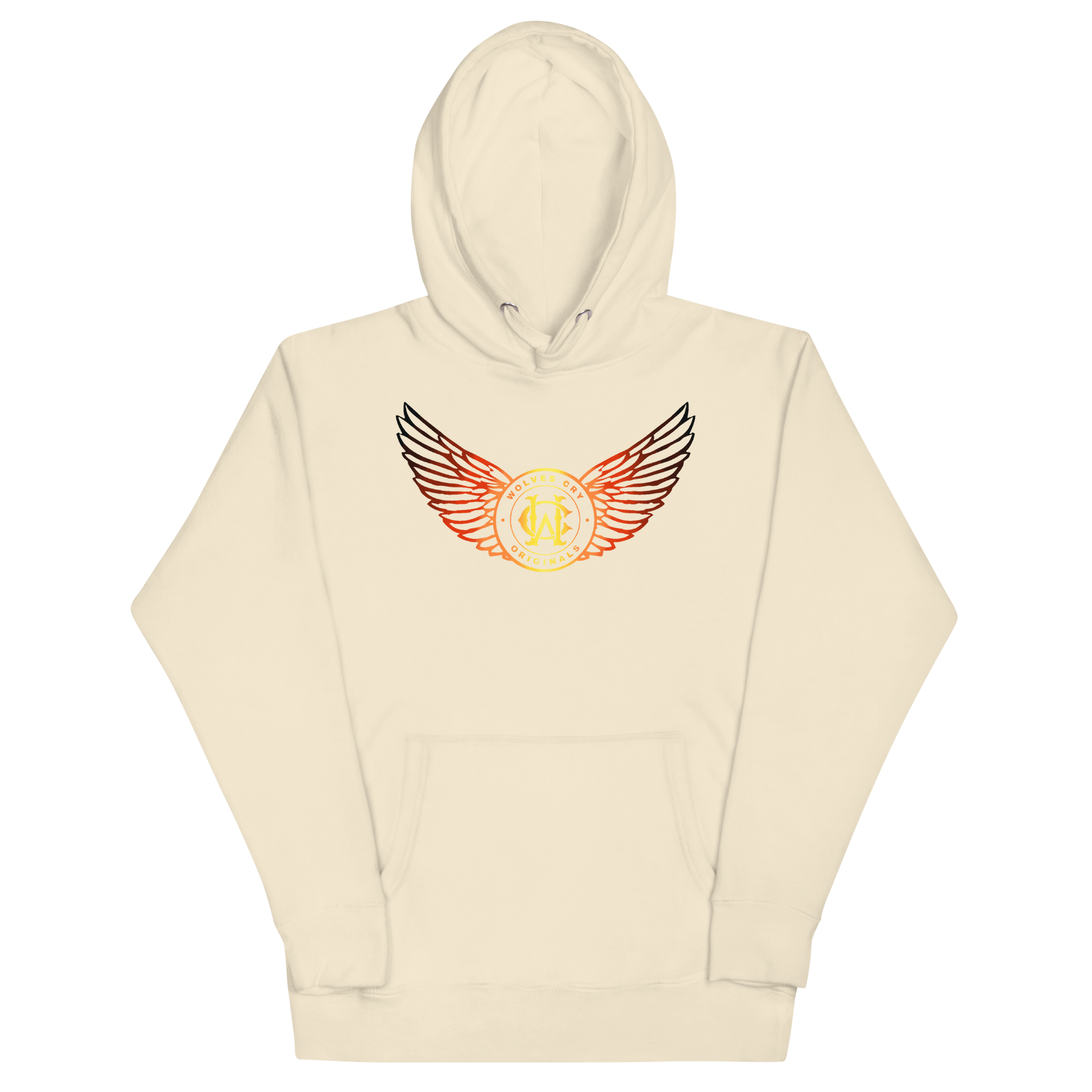 Wolves cry Beige hoodie with a winged logo on a white background