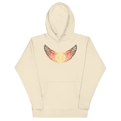 Wolves cry Beige hoodie with a winged logo on a white background
