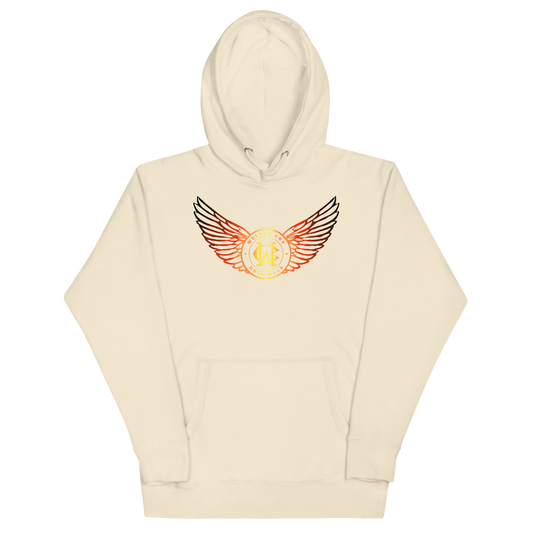 Wolves cry Beige hoodie with a winged logo on a white background