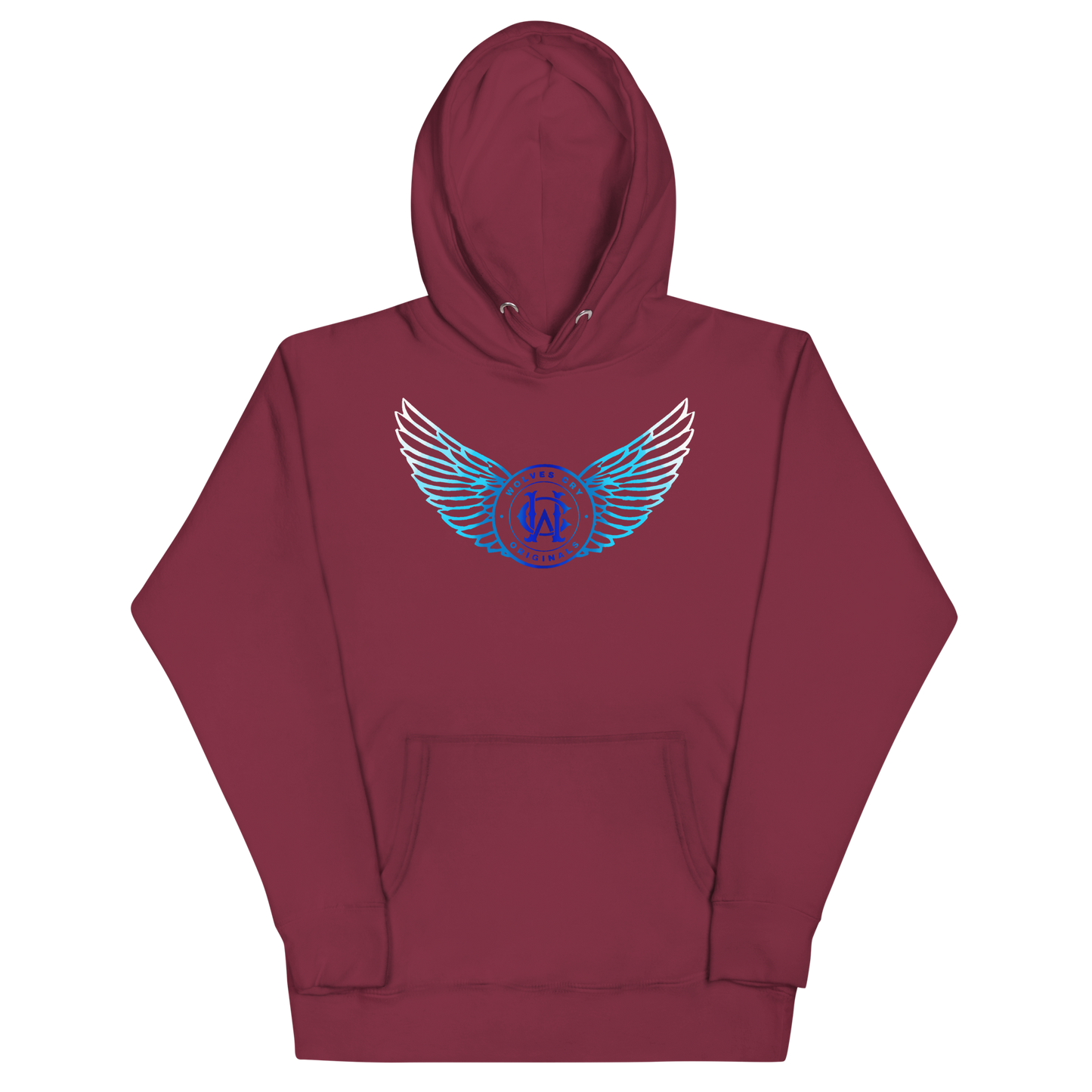 Maroon hoodie with blue and white winged design on a white background