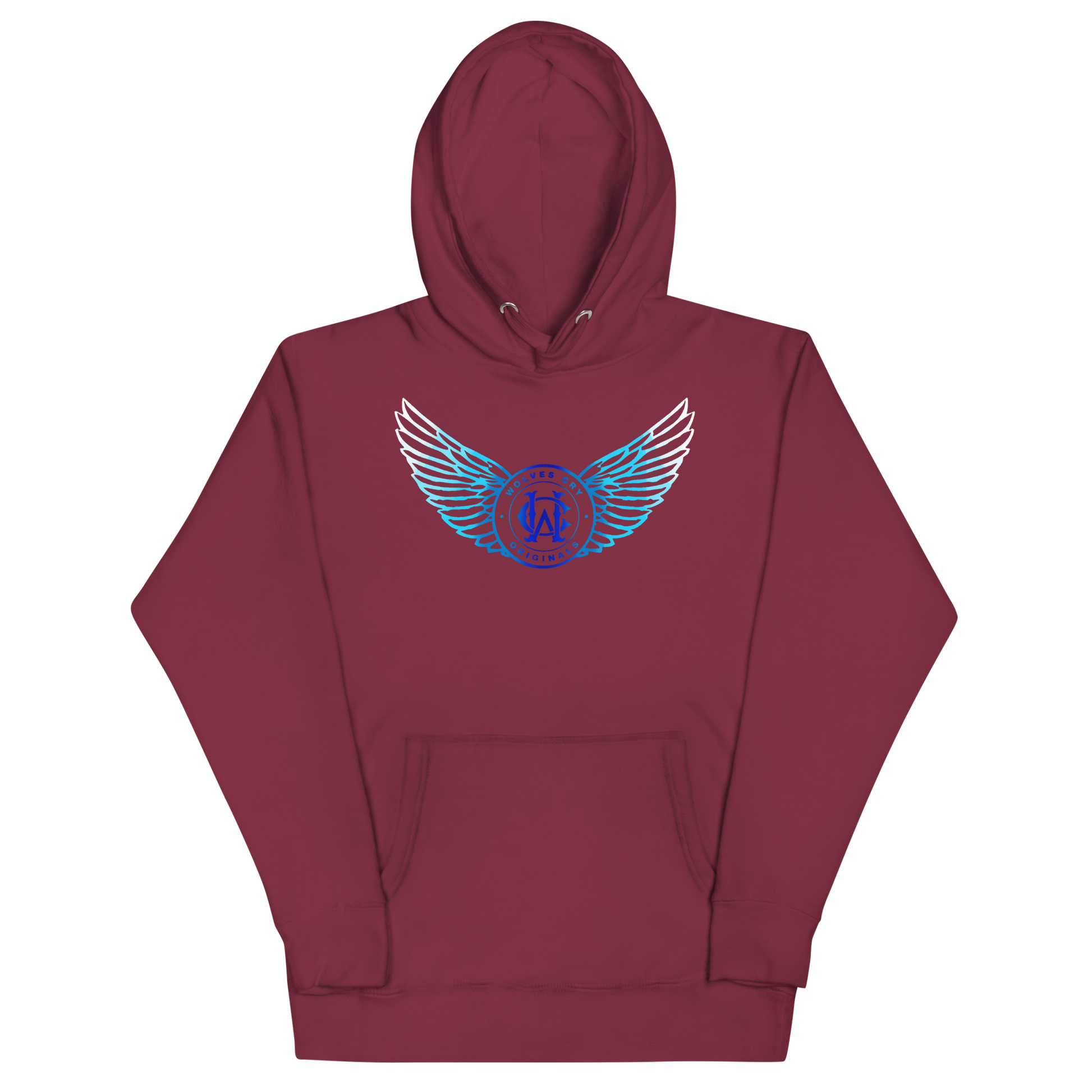 Maroon hoodie with blue and white winged design on a white background
