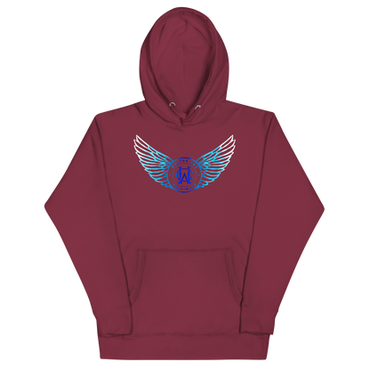Maroon hoodie with blue and white winged design on a white background