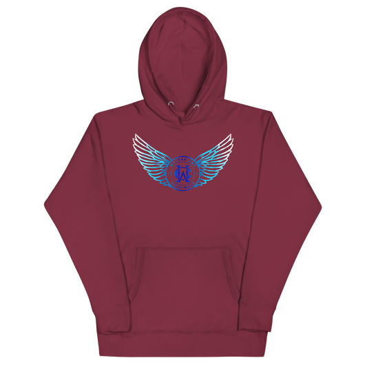 Maroon hoodie with blue and white winged design on a white background