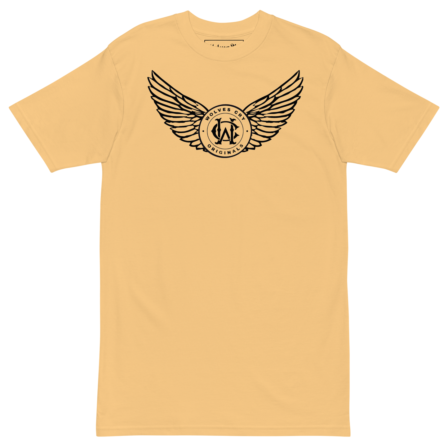 Yellow t-shirt with black winged logo on a white background