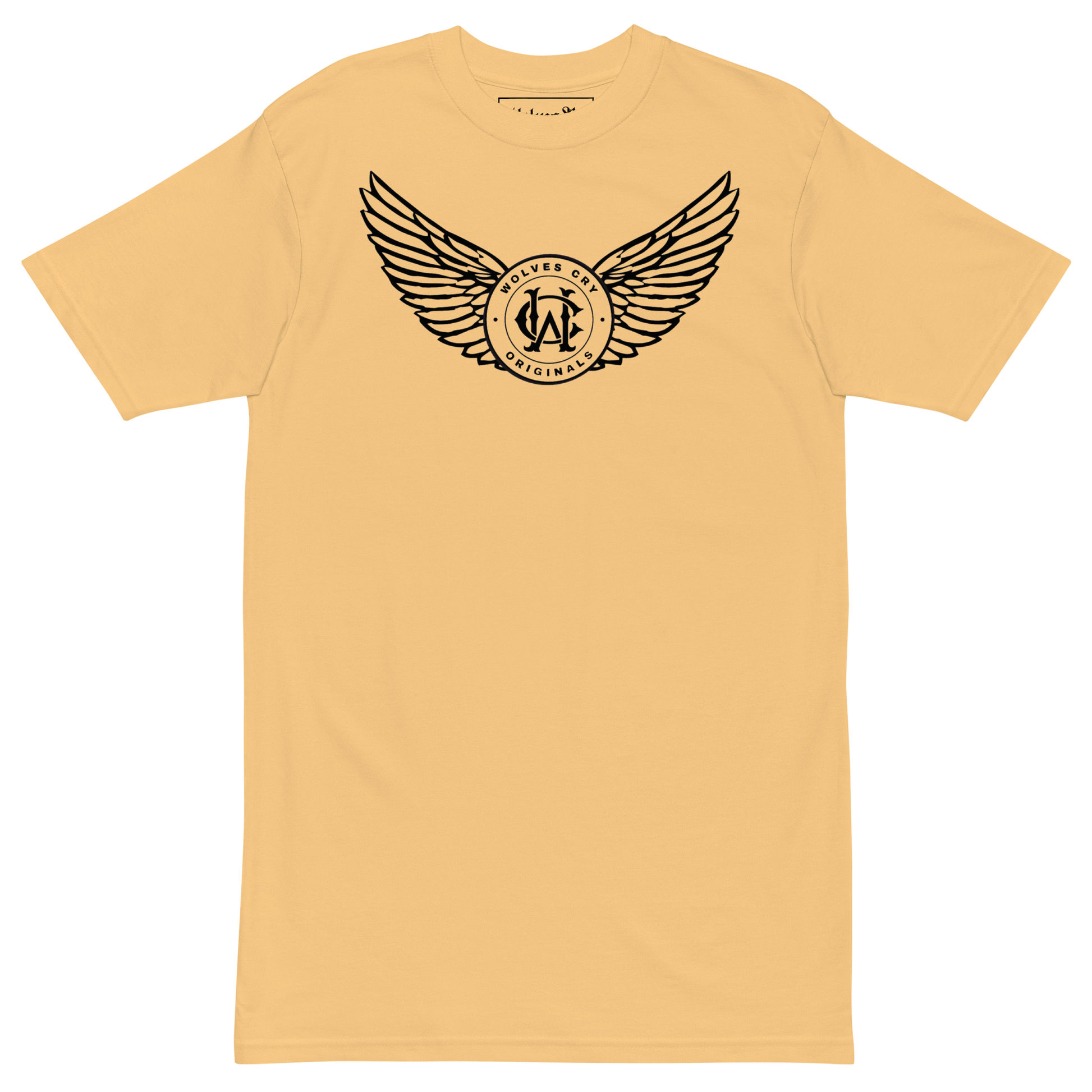 Yellow t-shirt with black winged logo on a white background