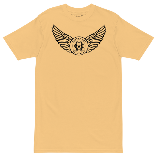 Yellow t-shirt with black winged logo on a white background