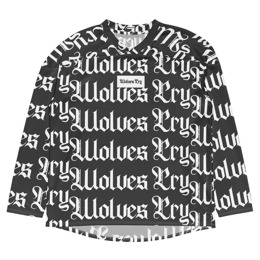 Wolves Cry Originals OG Hockey Jersey in black, featuring a bold all-over logo print inspired by 90s streetwear. Made from 100% recycled polyester for sustainable style and comfort, with a relaxed fit and moisture-wicking performance.