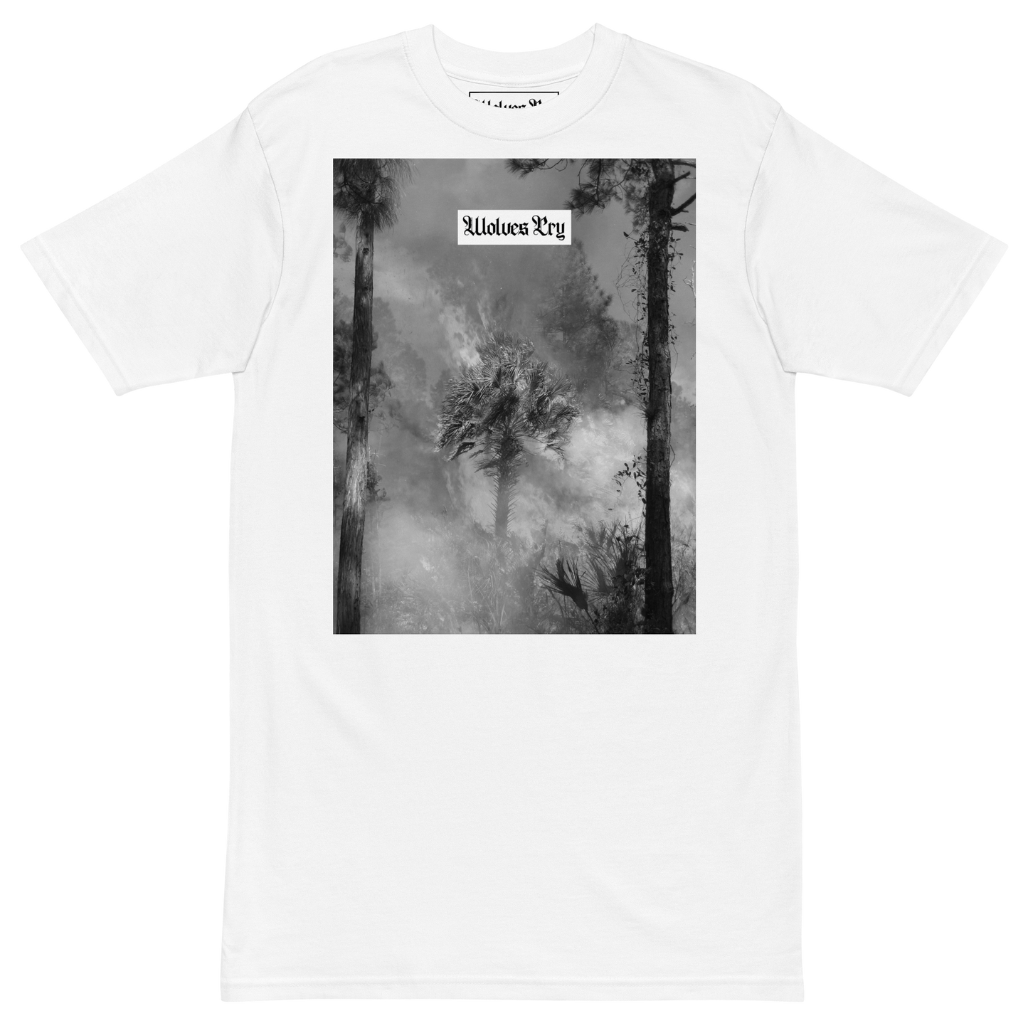 Wolves Cry Originals Malibu Flame Tee in white, showcasing a striking graphic of a palm tree engulfed in flames. Made from premium heavyweight cotton for a relaxed fit and maximum comfort. A statement piece blending poetic visuals with streetwear essentials.