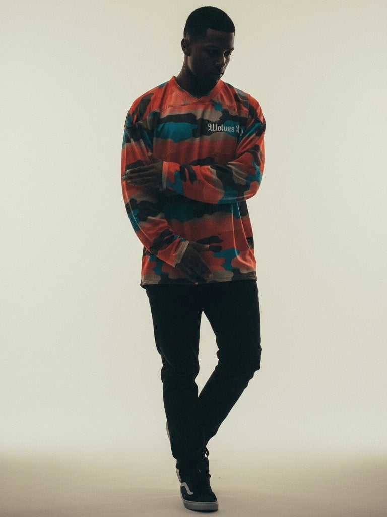 Back view of the Wolves Cry Marrakech Camo Jersey showing large white gothic logo across shoulders.