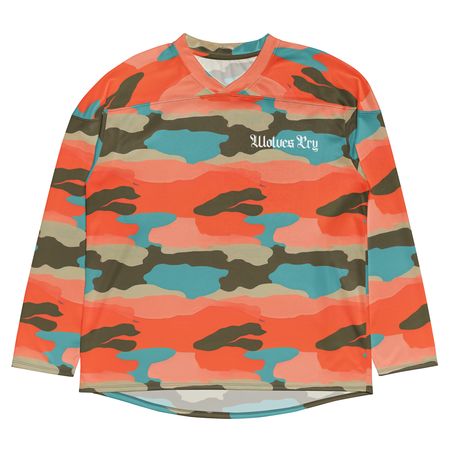Front mock-up of the Wolves Cry Marrakech Camo Jersey — bold desert-inspired camo pattern with gothic chest logo.