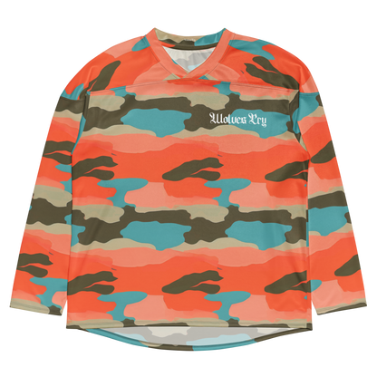 Front mock-up of the Wolves Cry Marrakech Camo Jersey — bold desert-inspired camo pattern with gothic chest logo.