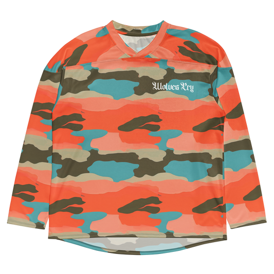 Front mock-up of the Wolves Cry Marrakech Camo Jersey — bold desert-inspired camo pattern with gothic chest logo.