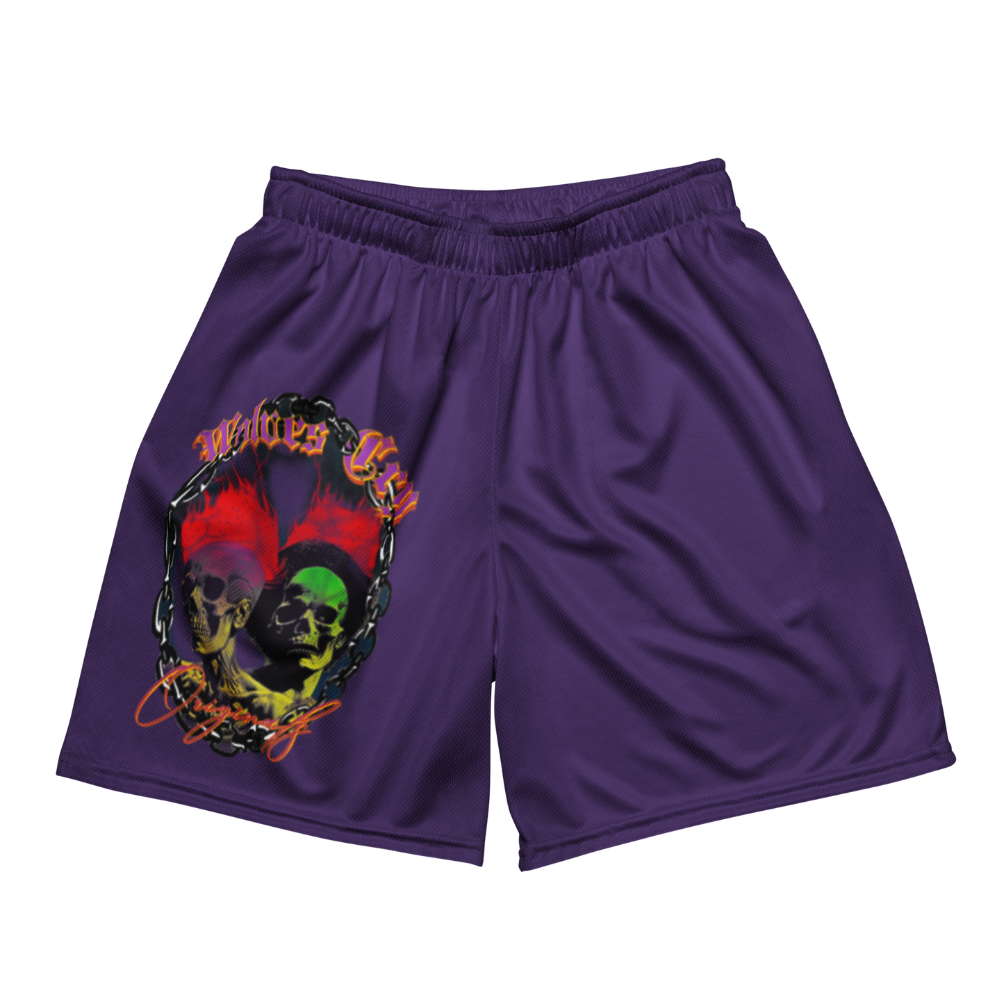 Front mock-up of Wolves Cry Megadeath Mesh Shorts in Crown Purple — vintage band-inspired graphic with bold summer energy.