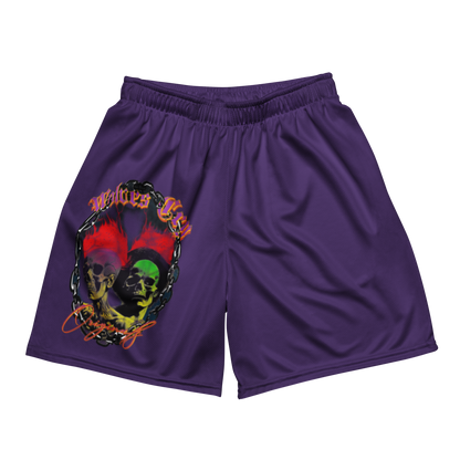 Front mock-up of Wolves Cry Megadeath Mesh Shorts in Crown Purple — vintage band-inspired graphic with bold summer energy.