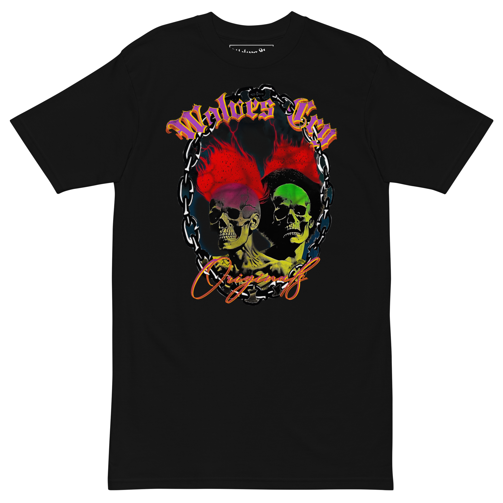Mockup photo of Wolves Cry Megadeath Tee in black — worn by model outdoors, showcasing the bold skull-and-floral graphic print with red, yellow, and green highlights on heavyweight cotton.