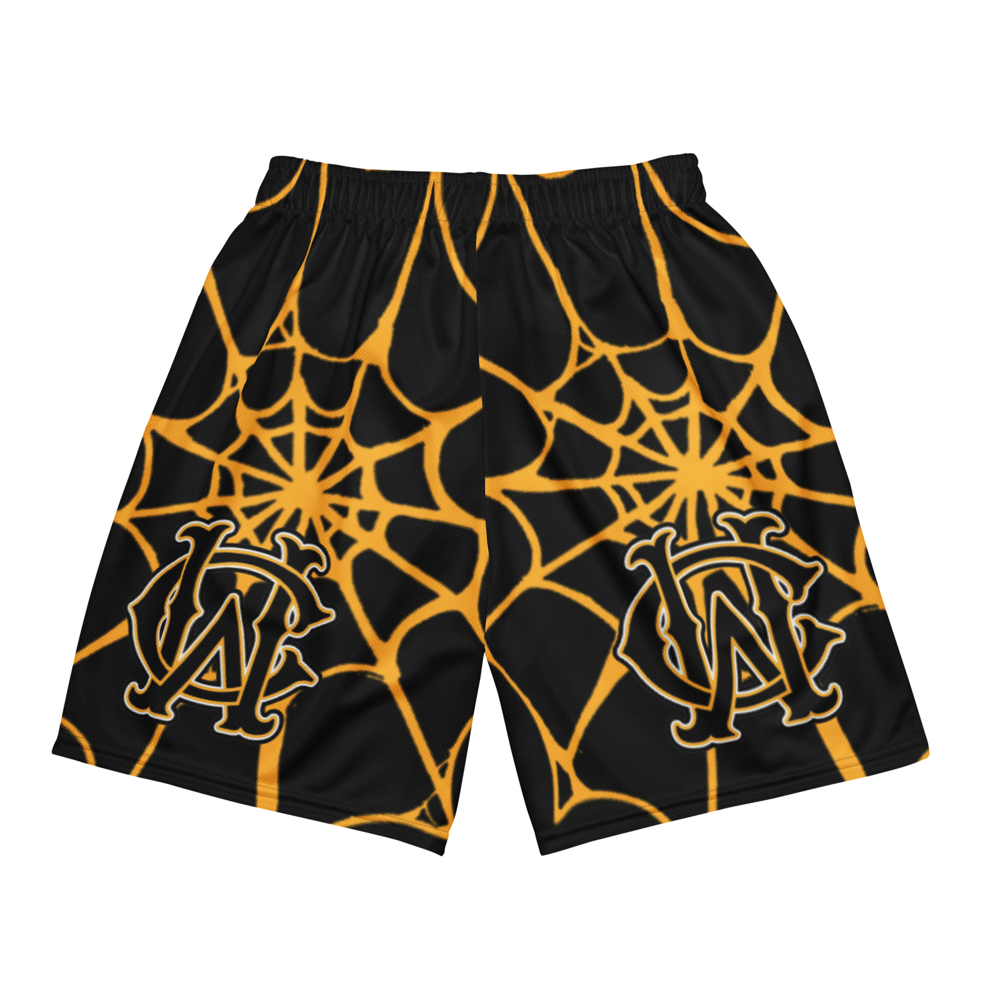 Back view of Wolves Cry OG Mesh Shorts in black and yellow spider web design — vintage basketball-inspired mesh with elastic waistband.