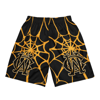 Back view of Wolves Cry OG Mesh Shorts in black and yellow spider web design — vintage basketball-inspired mesh with elastic waistband.