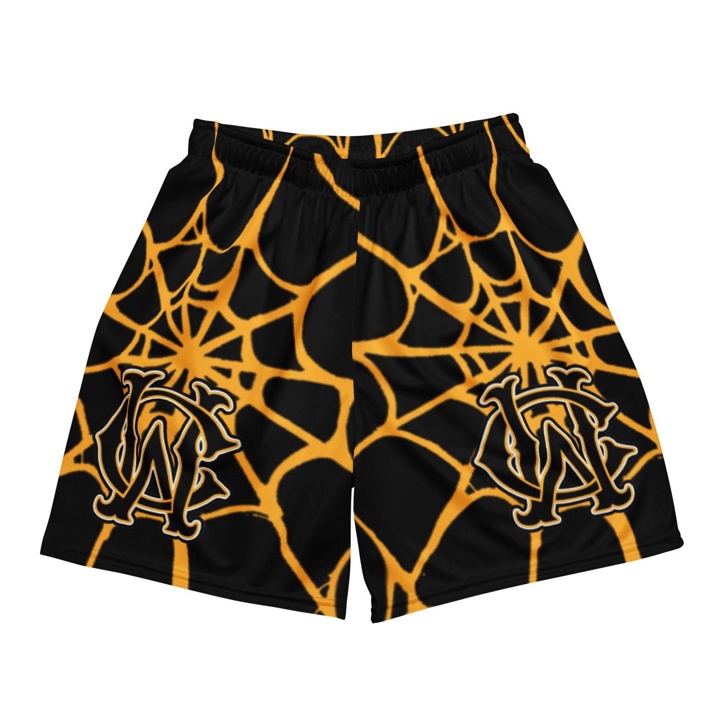 Front view of Wolves Cry OG Mesh Shorts in black with yellow spider web pattern — lightweight mesh, relaxed athletic streetwear fit.