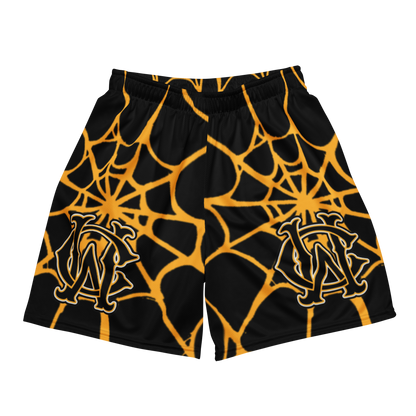 Front view of Wolves Cry OG Mesh Shorts in black with yellow spider web pattern — lightweight mesh, relaxed athletic streetwear fit.