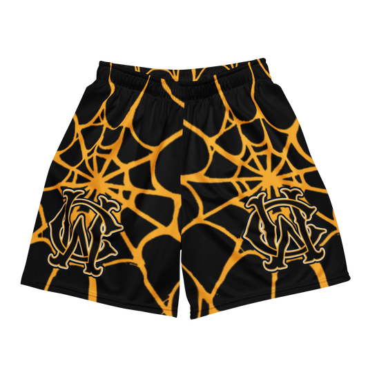 Front view of Wolves Cry OG Mesh Shorts in black with yellow spider web pattern — lightweight mesh, relaxed athletic streetwear fit.