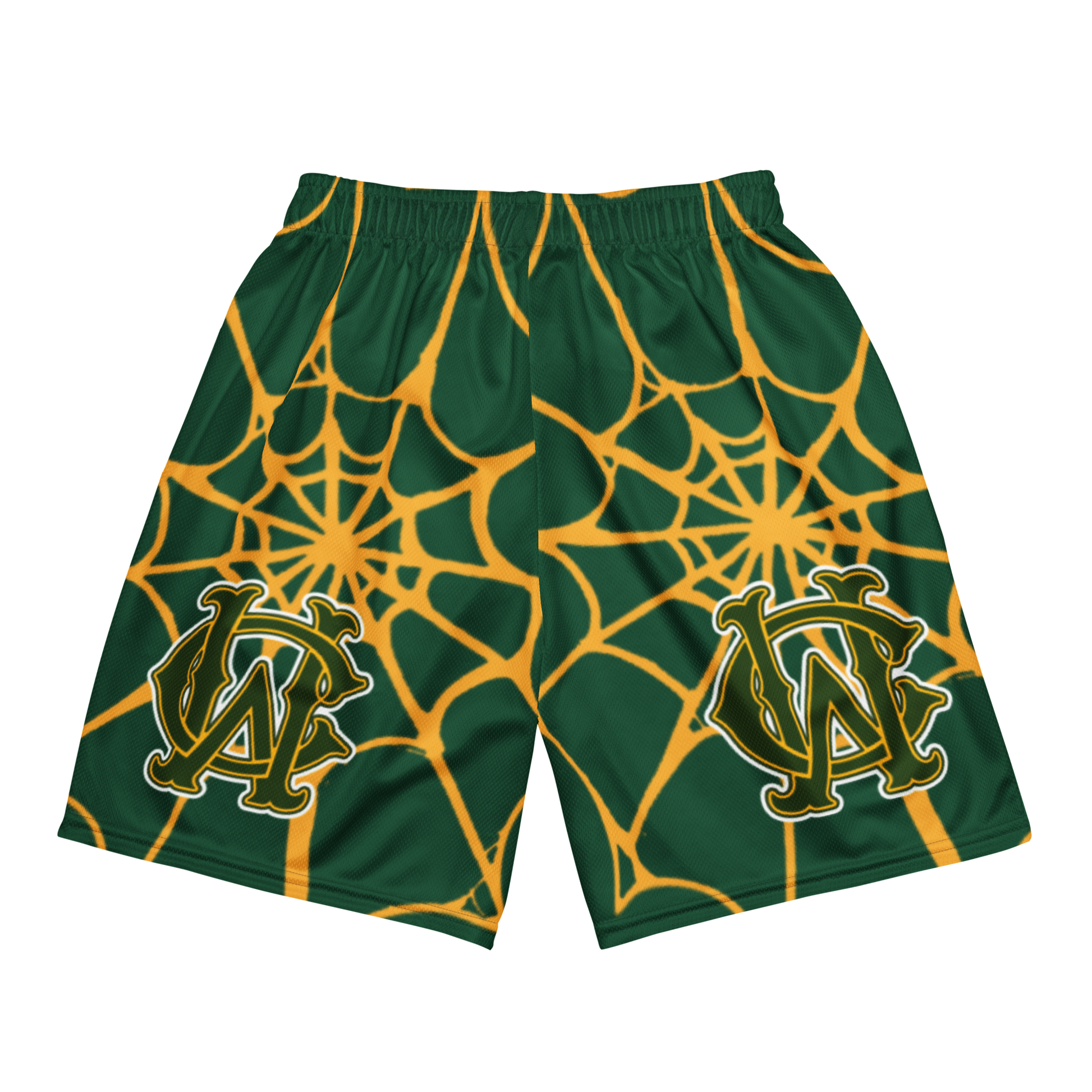 Back view of Wolves Cry OG Mesh Shorts in green and gold spider web print — retro sports silhouette with bold graphic pattern.