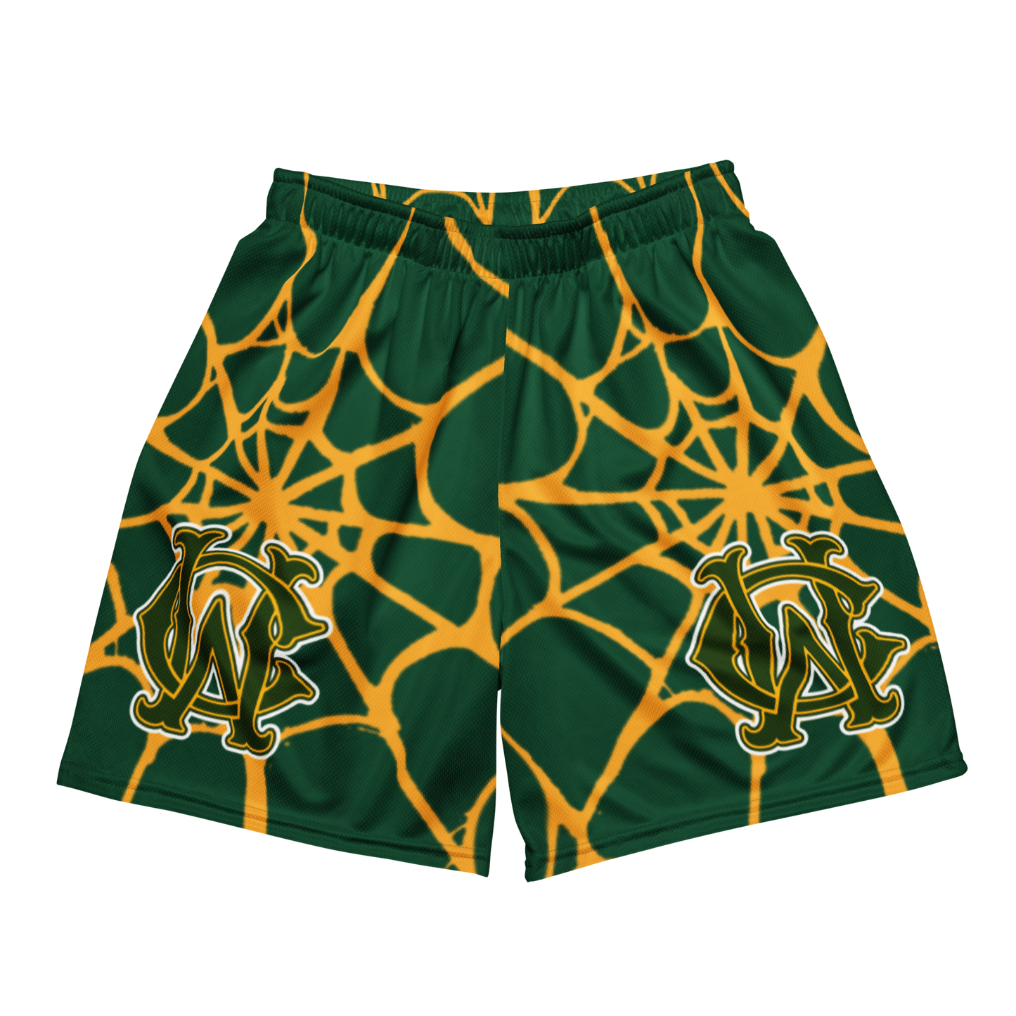 Front view of Wolves Cry OG Mesh Shorts in green with gold spider web pattern — lightweight, breathable, vintage athletic energy.
