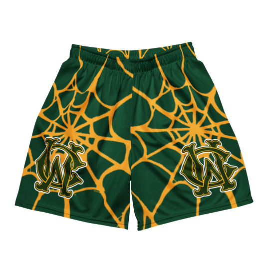 Front view of Wolves Cry OG Mesh Shorts in green with gold spider web pattern — lightweight, breathable, vintage athletic energy.