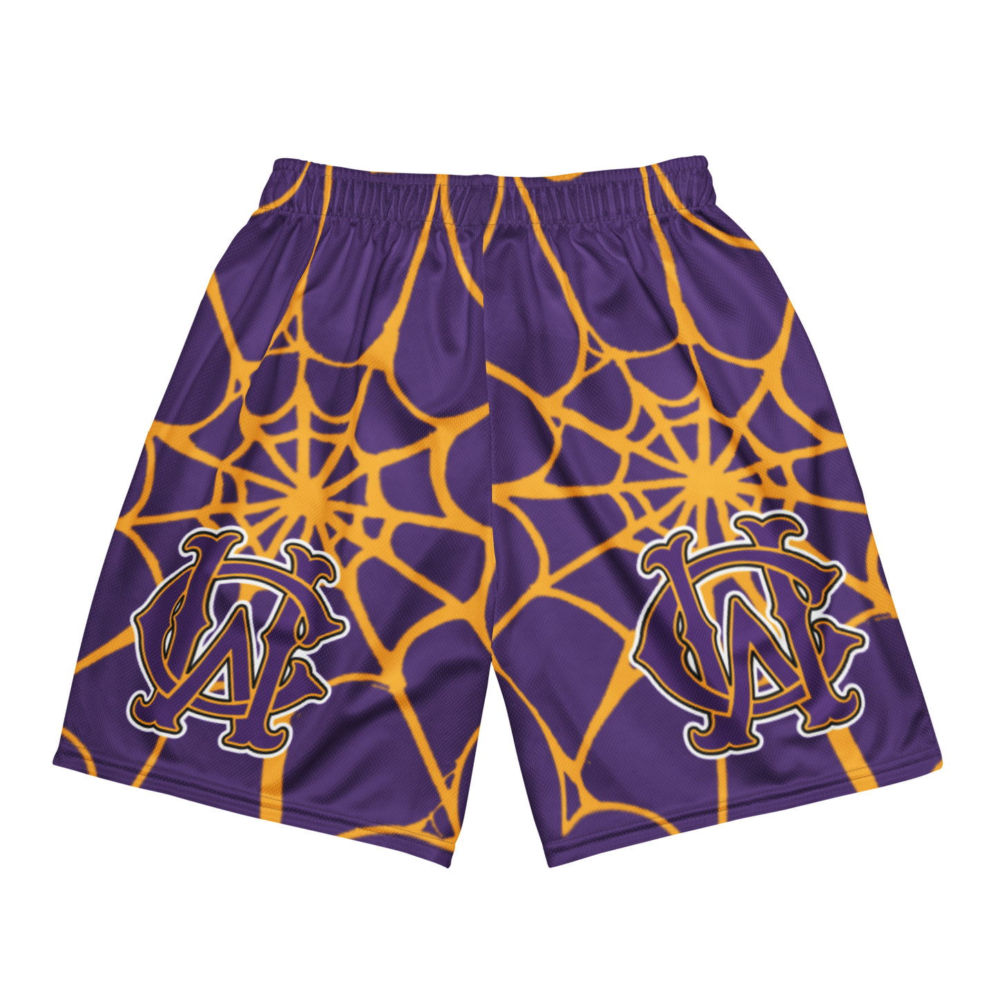 Back view of Wolves Cry OG Mesh Shorts in purple and gold spider web print — breathable mesh with relaxed athletic fit.