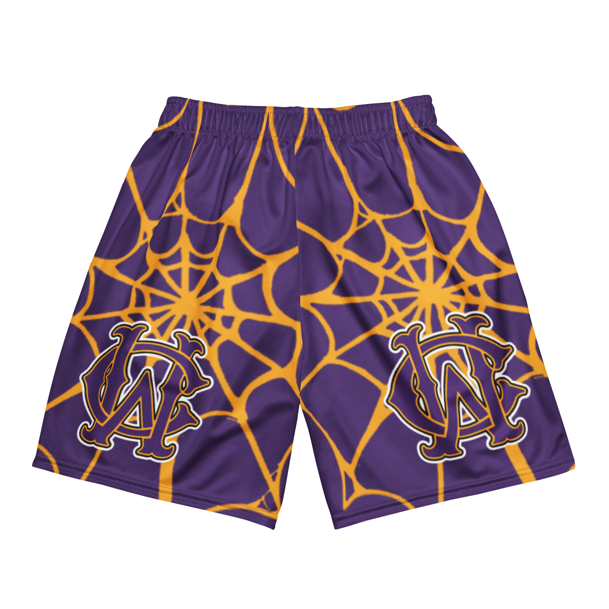 Back view of Wolves Cry OG Mesh Shorts in purple and gold spider web print — breathable mesh with relaxed athletic fit.