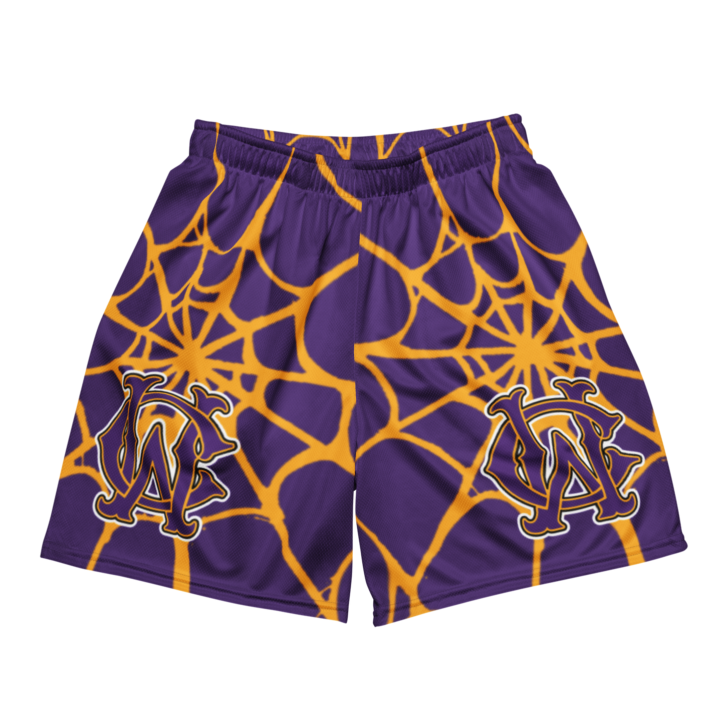 Front view of Wolves Cry OG Mesh Shorts in purple with gold spider web pattern — lightweight mesh, vintage street-athletic design.