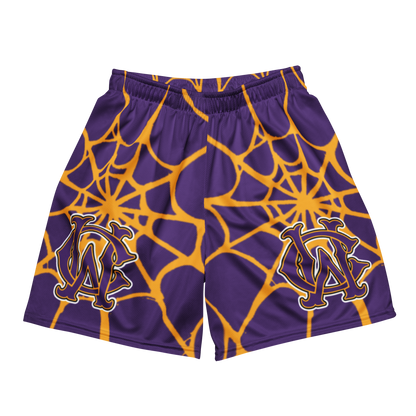 Front view of Wolves Cry OG Mesh Shorts in purple with gold spider web pattern — lightweight mesh, vintage street-athletic design.